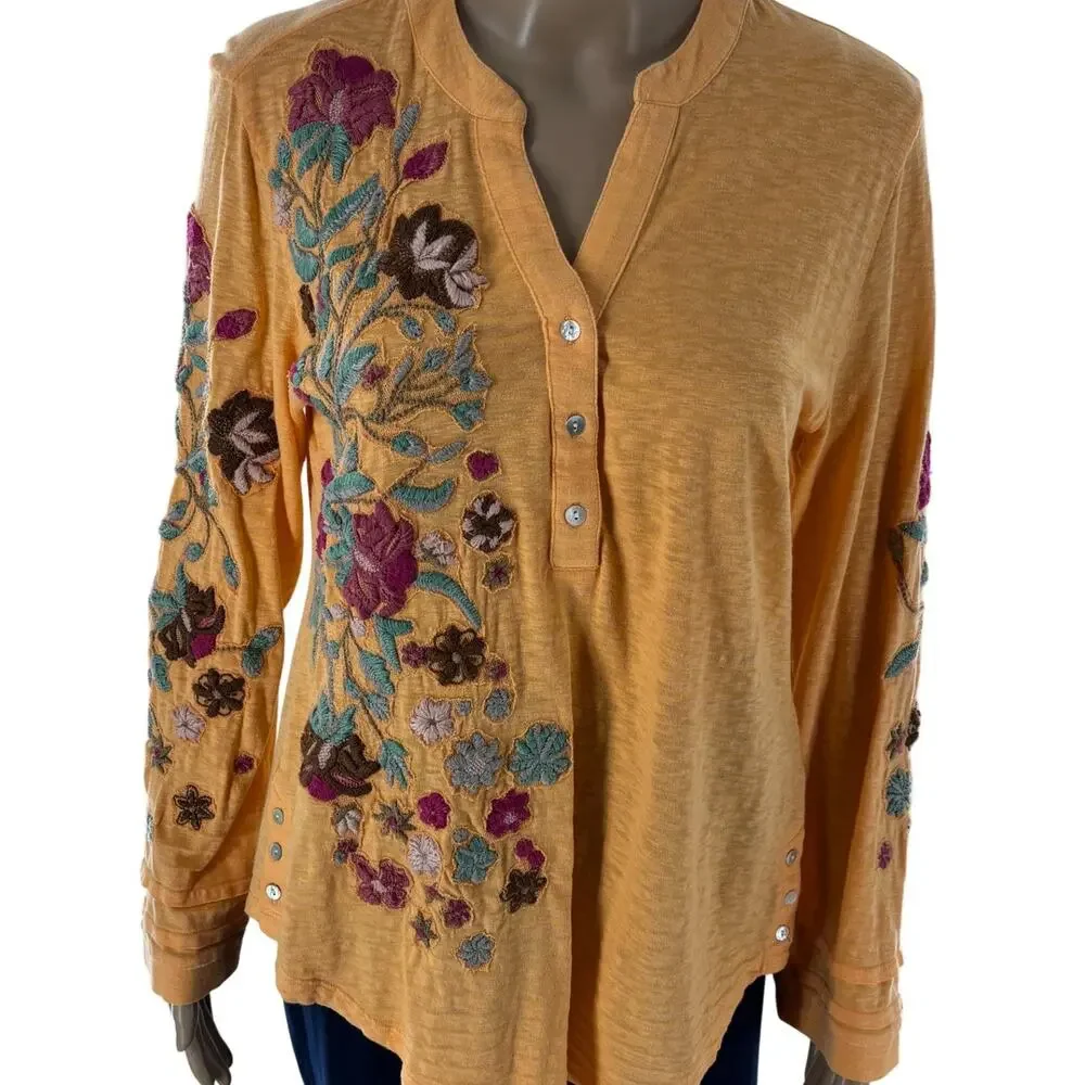 Soft Surroundings Orange Antalya Striped Floral Embroidered Henley Top